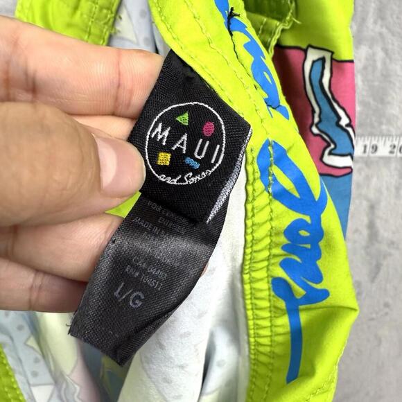 Maui and Sons Shark Print Swim Trunks Size L Neon Board Shorts Beach Summer - Picture 10 of 10